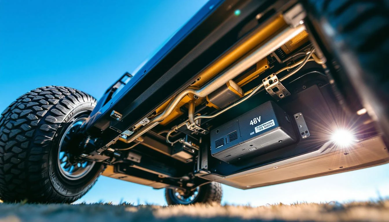 Dramatic low-angle shot of a golf cart tilted slightly upward against a clear blue sky, revealing the undercarriage and 