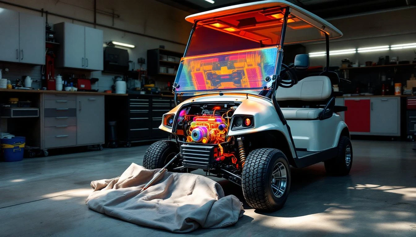 A white golf cart parked in a shaded garage bay with its hood propped open, revealing the motor compartment bathed in co