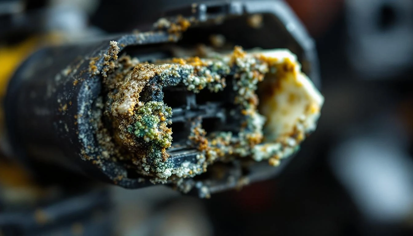 Extreme close-up macro shot of a corroded golf cart throttle position sensor connector, captured under bright fluorescen