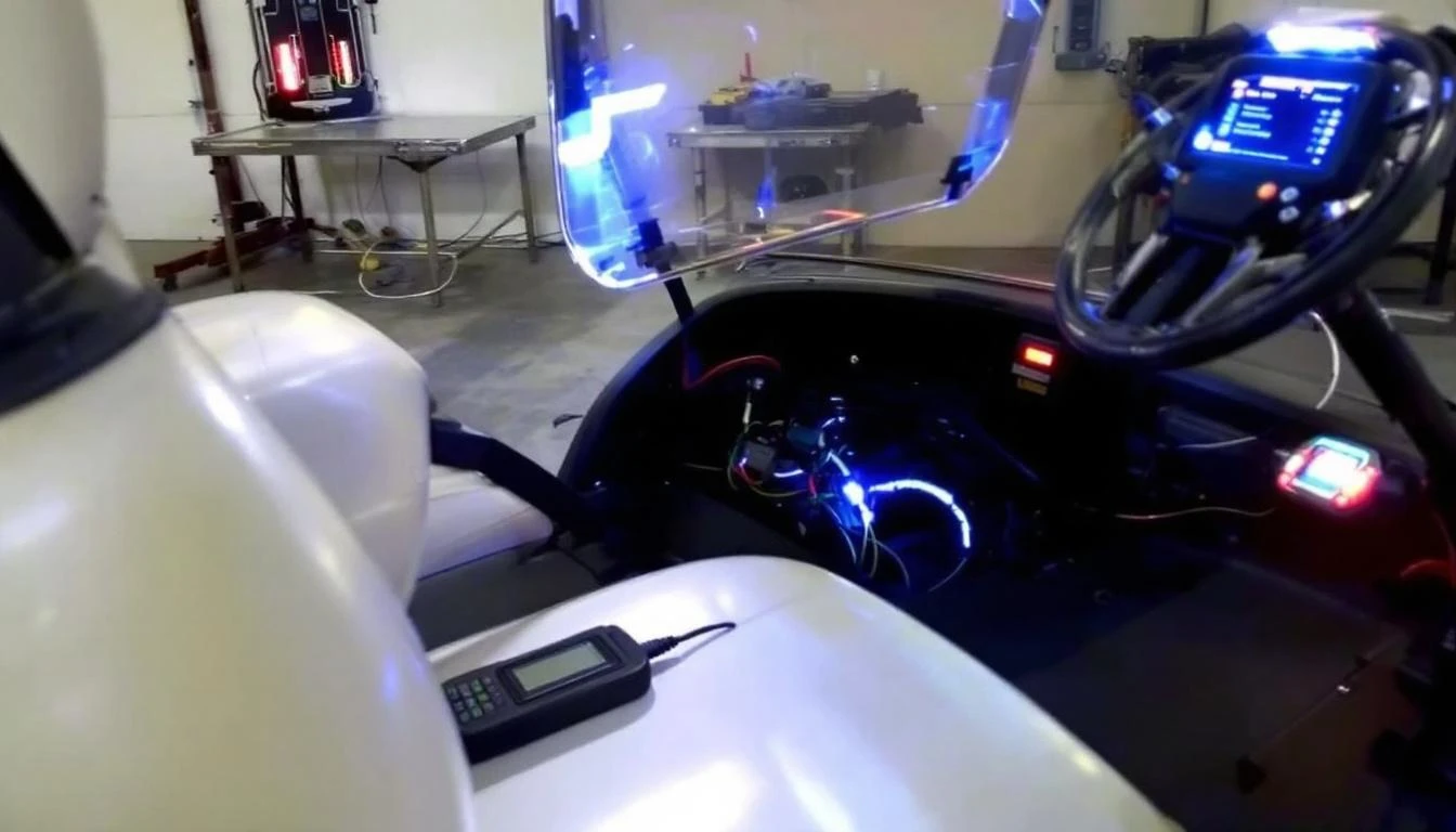 A Club Car Precedent golf cart sits parked in a well-lit garage bay with its hood propped open, revealing the onboard co