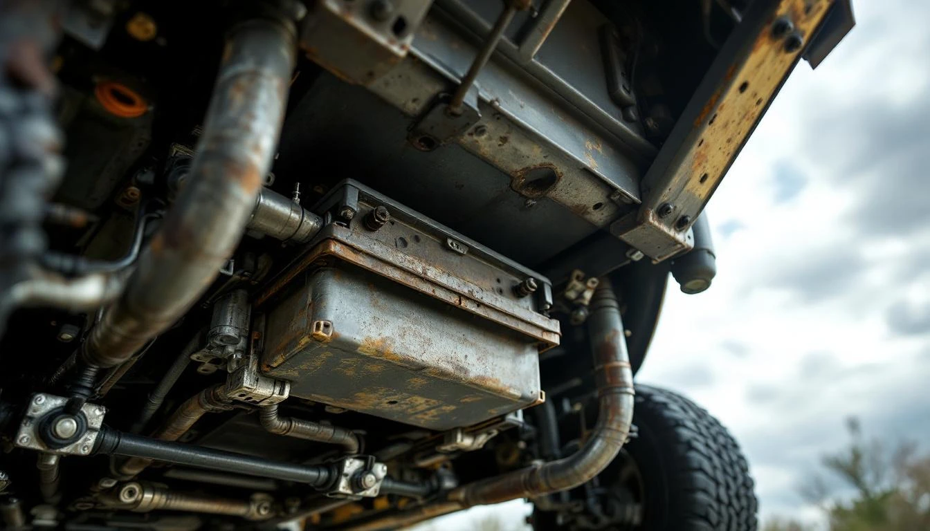 A dramatic low-angle shot captures a golf cart's undercarriage and profile against an overcast sky, with the battery pac