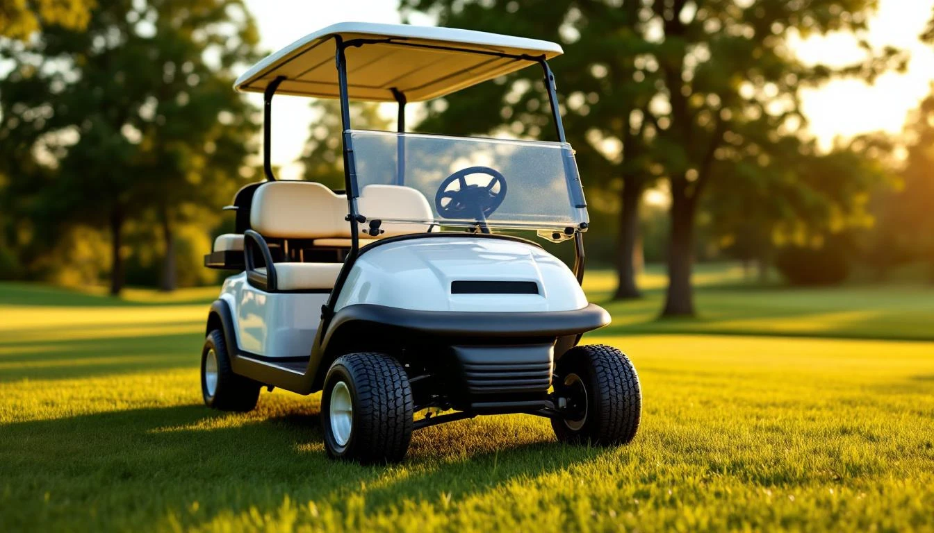 A wide-angle photograph of a white Club Car golf cart parked on a manicured fairway during golden hour, capturing the co
