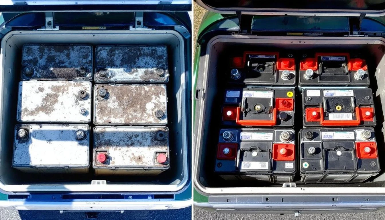 Split-screen before-and-after comparison shot under bright midday sunlight: on the left, a golf cart's battery compartme