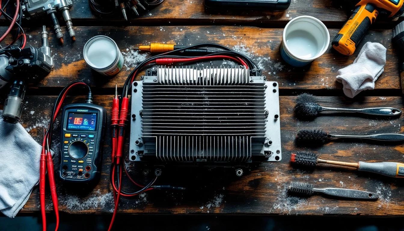 Flat lay overhead shot of a golf cart controller unit centered on a weathered wooden workbench, surrounded by diagnostic
