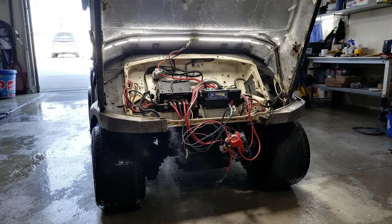 A golf cart sits in a garage bay with its hood propped open, revealing the controller assembly mid-replacement. Bright f