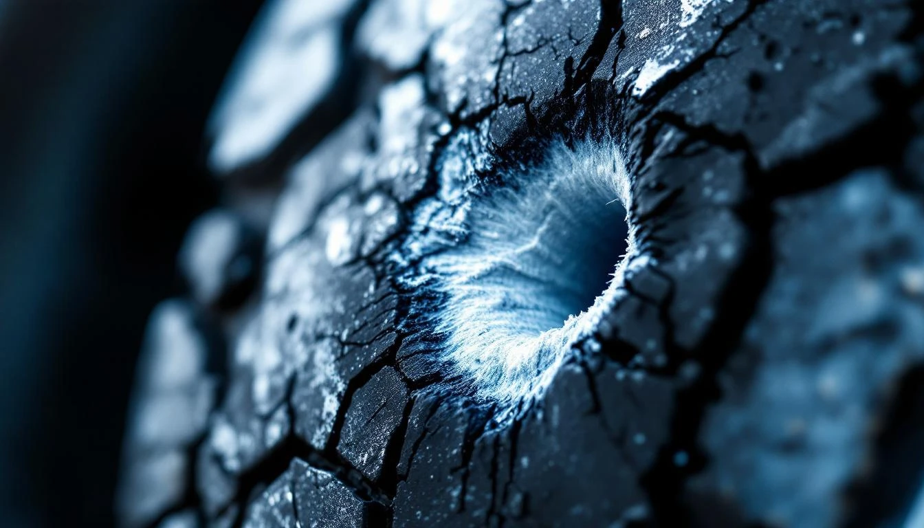 Extreme close-up macro photograph of a golf cart tire's sidewall damage, shot at a 45-degree angle under bright overhead