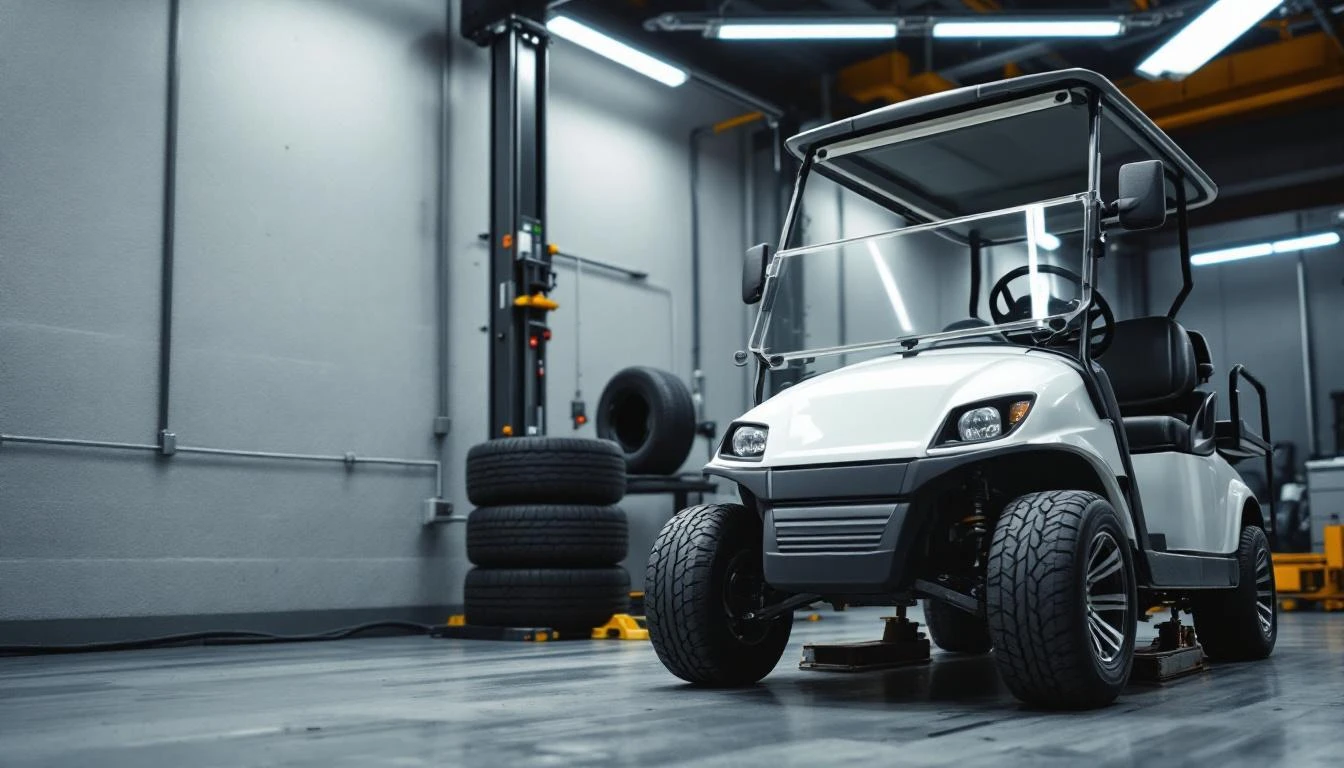 A low-angle shot of a golf cart's front-left wheel and tire assembly, photographed from ground level against an overcast