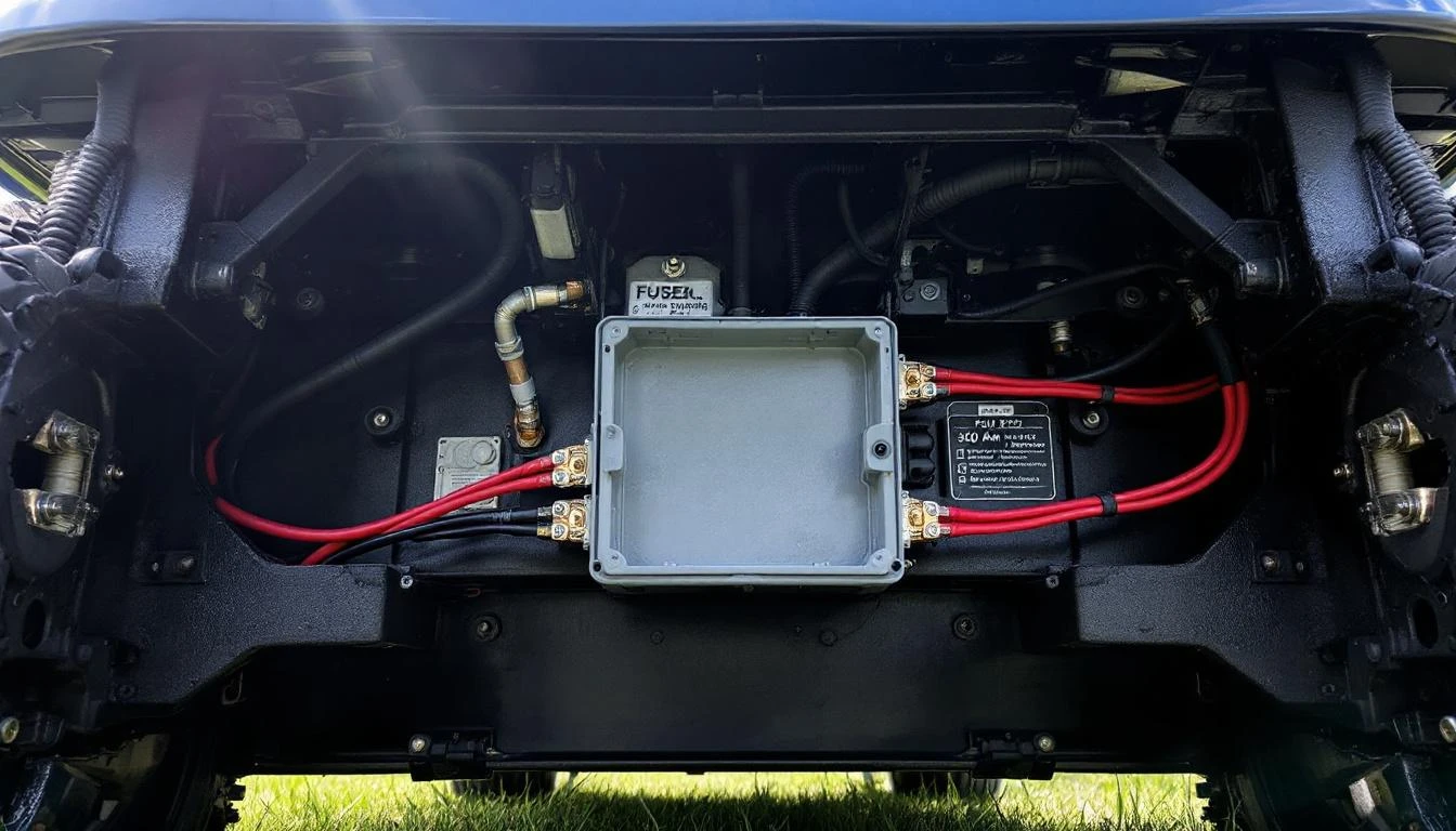 Extreme close-up of a golf cart 48V battery terminal assembly shot from directly above under bright garage fluorescent l
