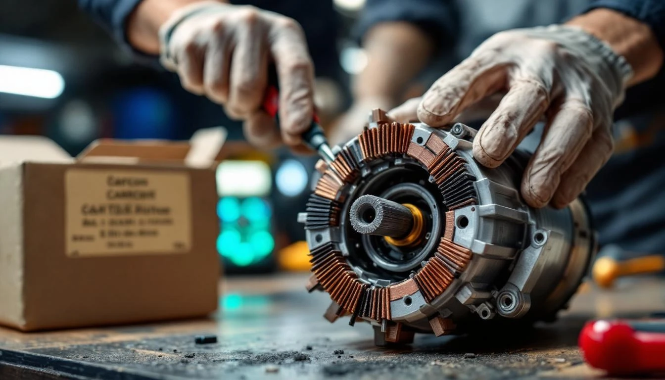 Over-the-shoulder view of a technician's hands carefully inserting a new carbon motor brush into a golf cart electric mo