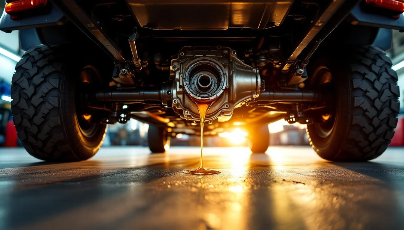 Low-angle shot of a lifted golf cart's rear undercarriage, photographed from ground level at dusk with golden hour light