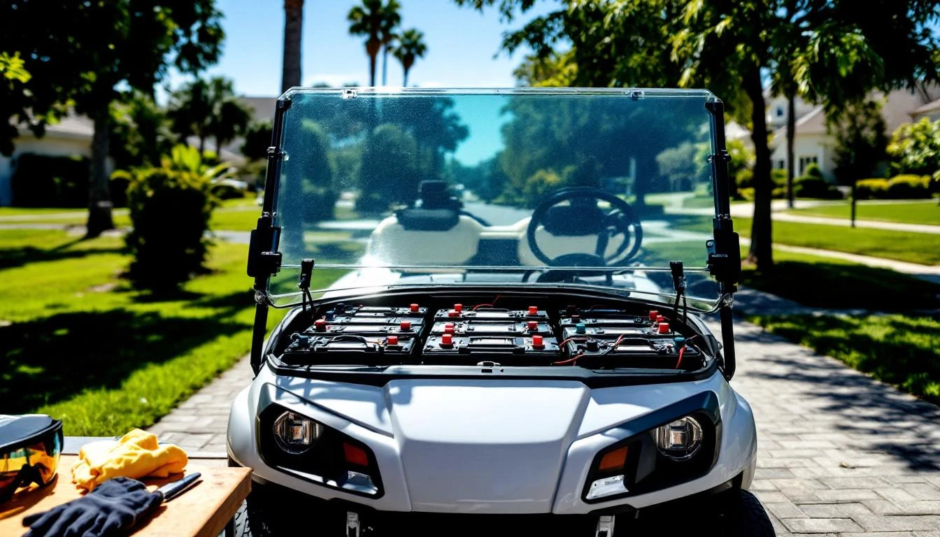 A pristine white electric golf cart sits parked on a manicured residential driveway under bright midday sunlight, with i