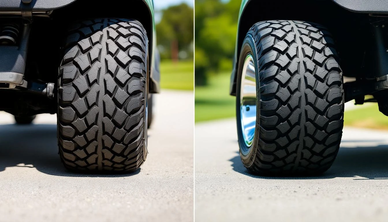 Split-screen before-and-after comparison showing a golf cart's rear tire on the left side appearing noticeably deflated