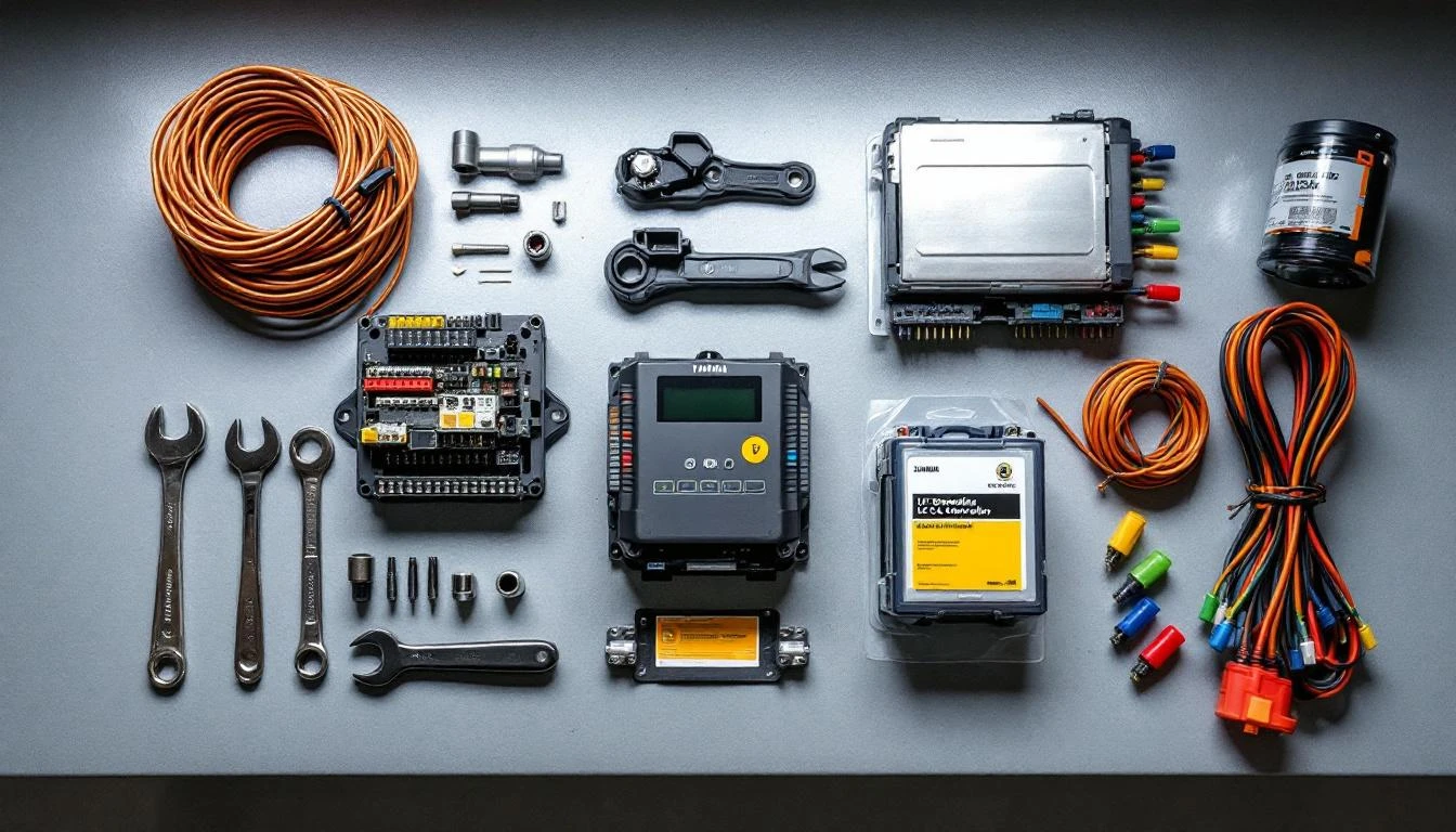 Organized workbench flatlay photographed under bright garage fluorescent lighting, displaying a disassembled Yamaha golf