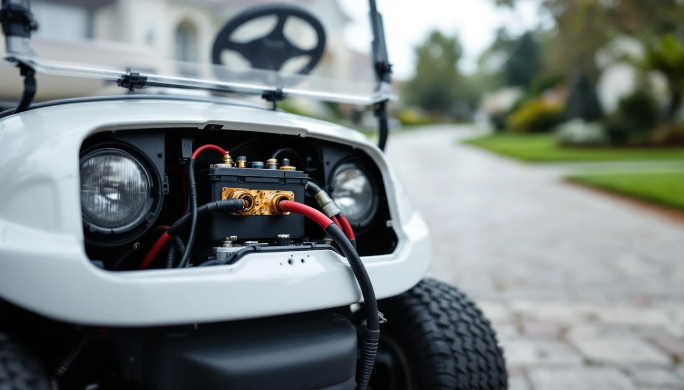 Wide-angle shot of a white golf cart parked on a residential driveway in soft overcast morning light, positioned at a th
