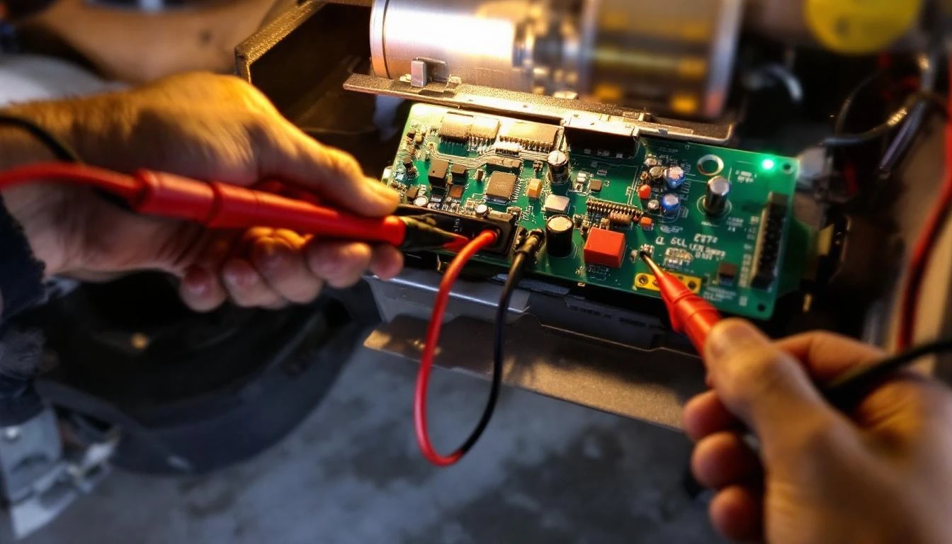 Over-the-shoulder POV of a technician's hands holding a digital multimeter with red and black probe leads connected to t