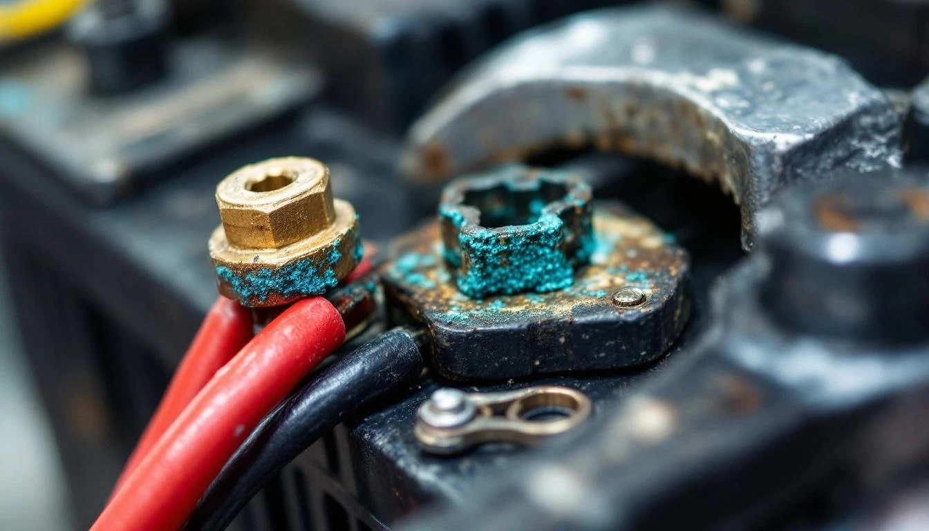 Extreme close-up of a corroded golf cart battery terminal connector, shot at macro perspective with bright fluorescent g