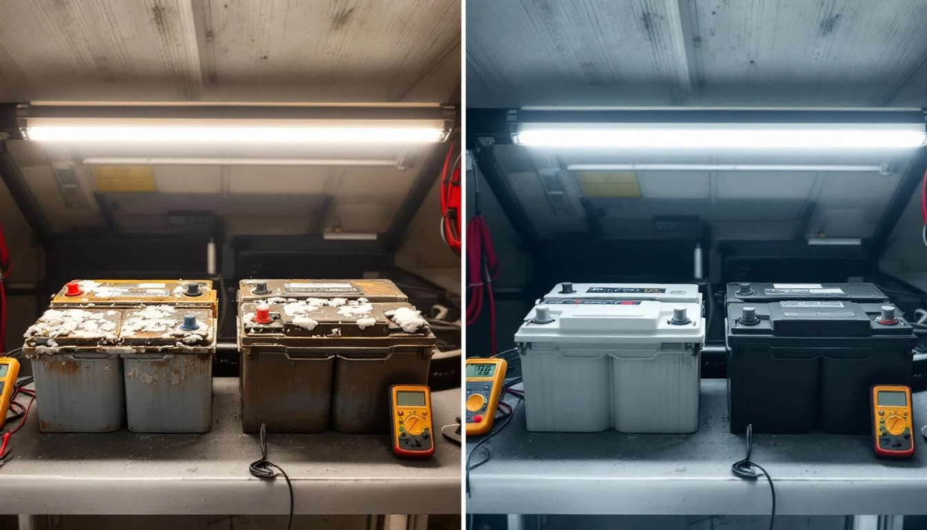 Split-screen comparison showing a golf cart battery series laid horizontally under bright fluorescent garage lighting. L