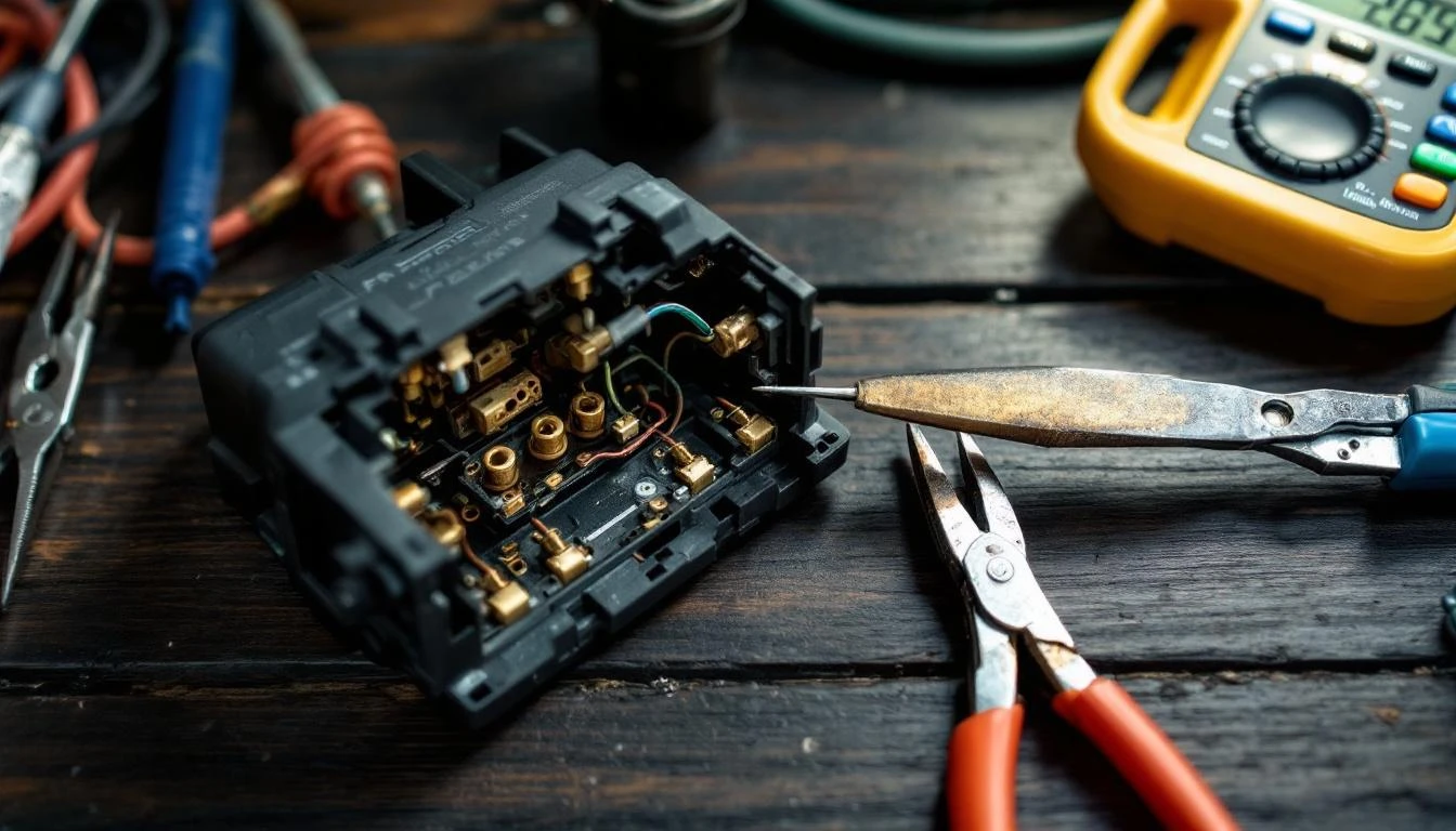 A neatly organized workbench displays a disassembled golf cart forward-reverse switch alongside a digital multimeter, ne