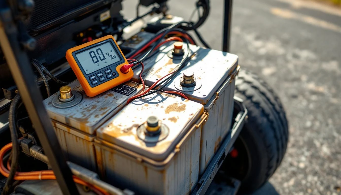 Low-angle dramatic shot of a golf cart's undercarriage viewed from ground level, highlighting the fuse box mounted benea