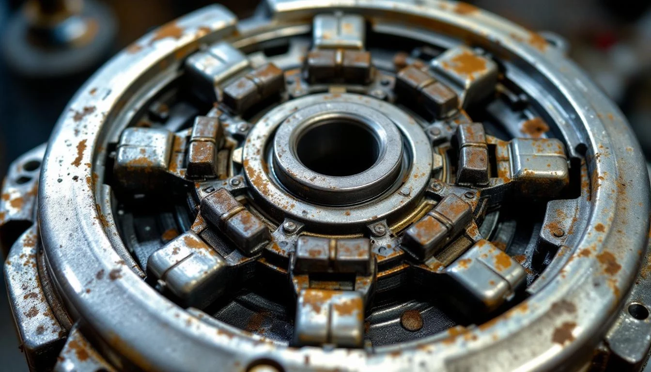 Extreme close-up of a Yamaha golf cart primary clutch assembly mounted in a vise, shot from directly above under bright