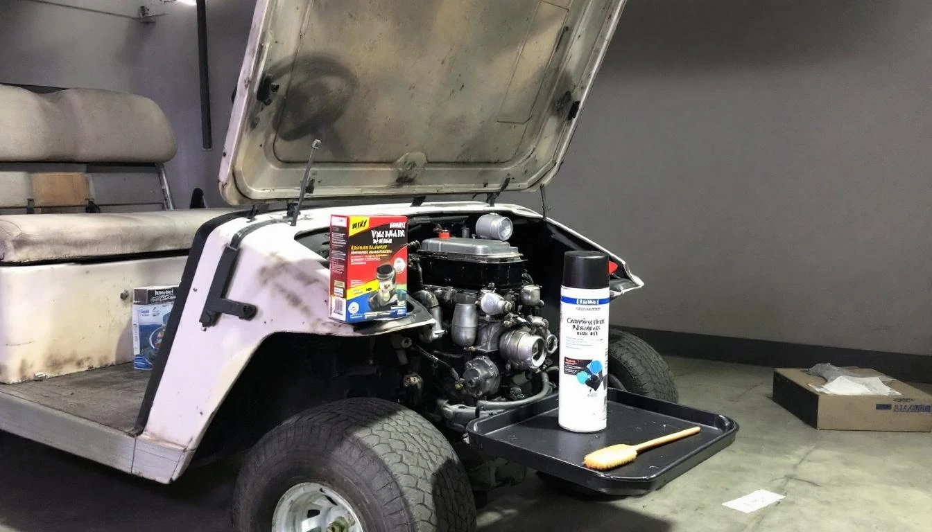 Over-the-shoulder view of a technician's hands removing a cylindrical motor brush from a golf cart's electric motor, wit