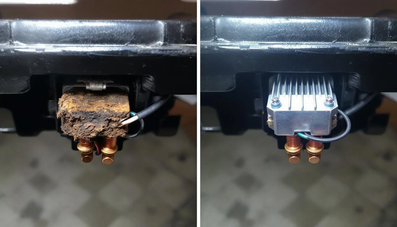 Split-screen before-and-after shot of a golf cart solenoid relay under bright fluorescent garage lighting. Left side sho