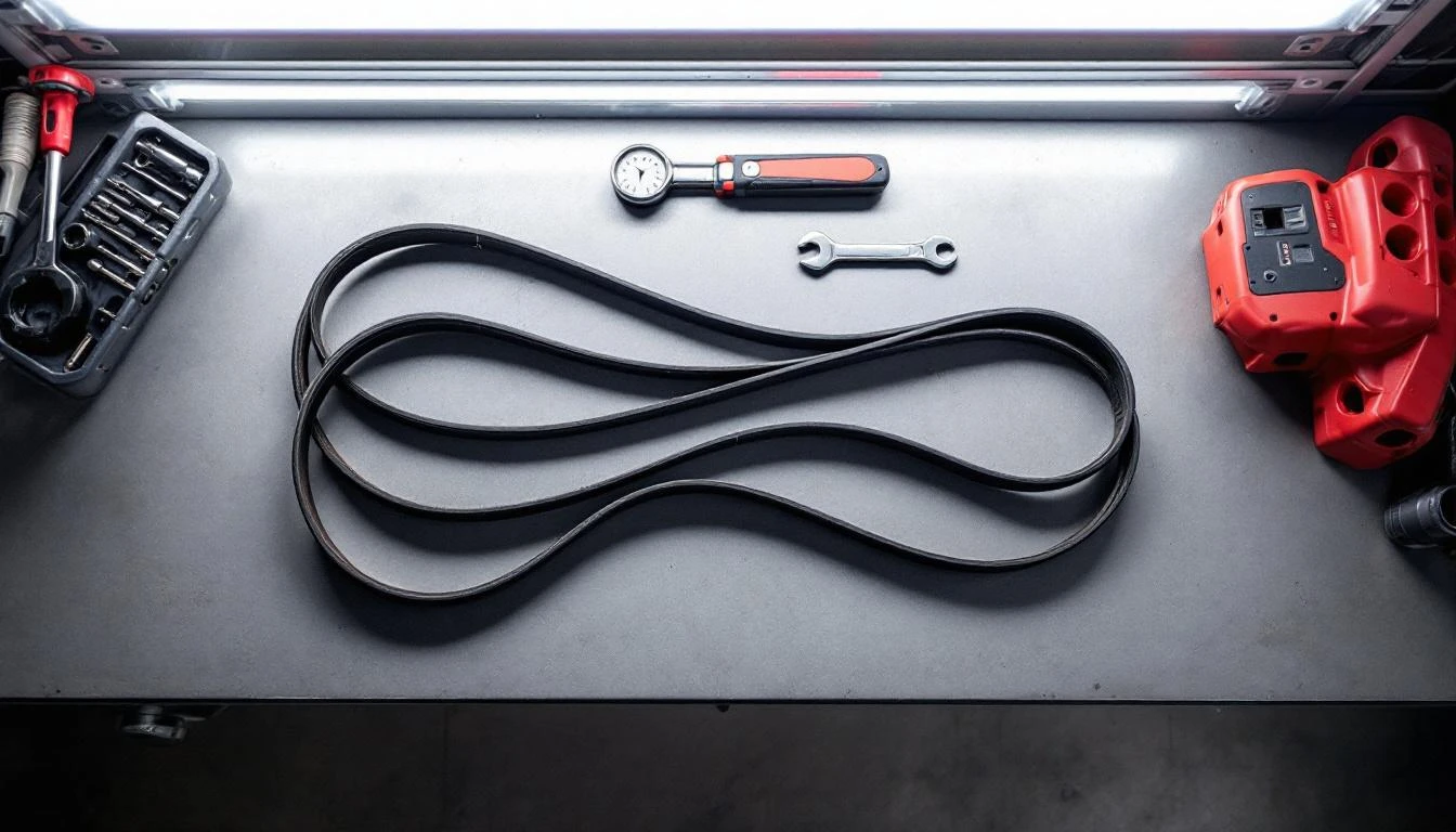 A organized workbench under bright fluorescent garage lighting displays a worn golf cart drive belt alongside replacemen