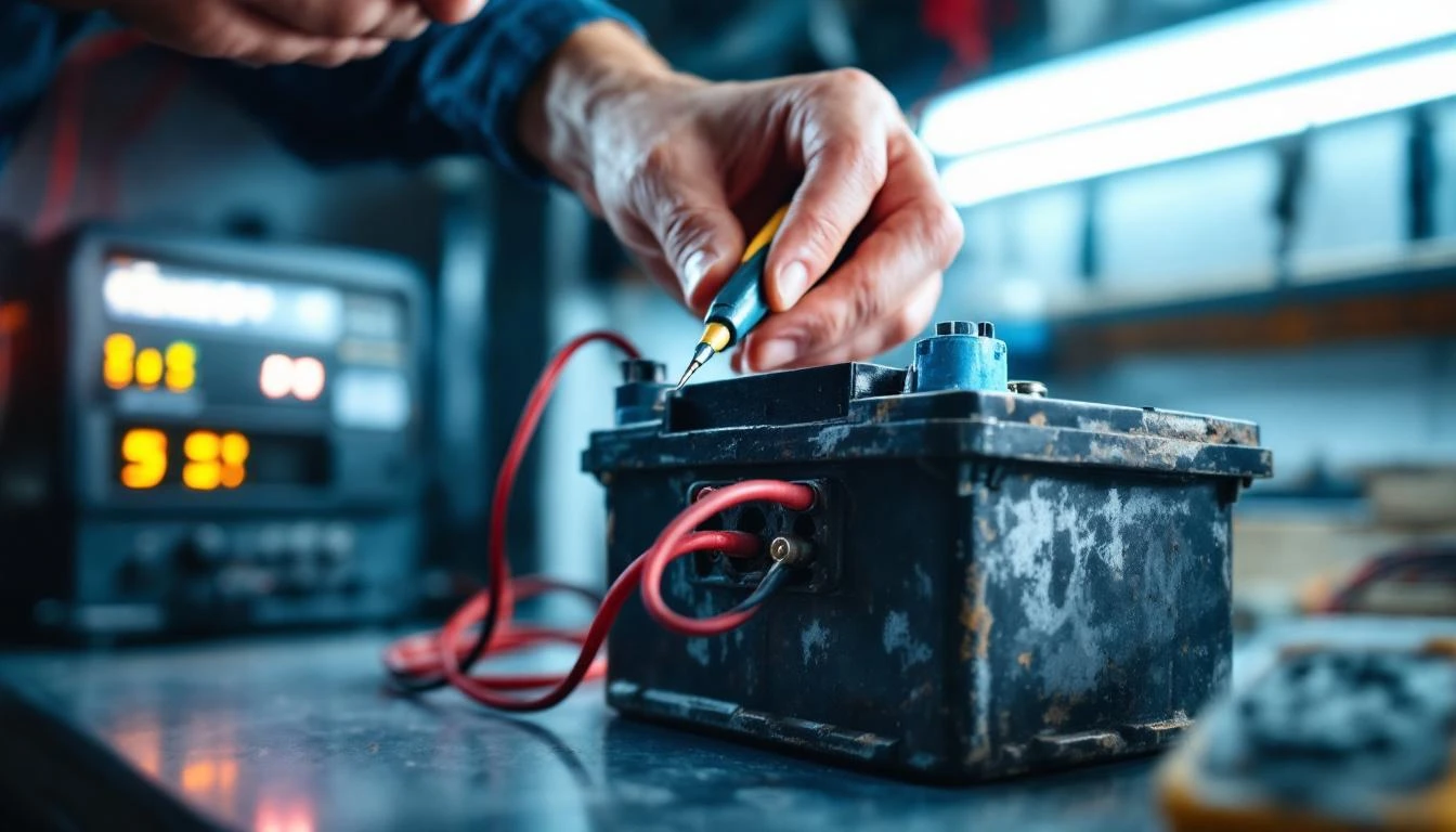 Over-the-shoulder view of a technician's hands holding a digital multimeter probe against a golf cart battery terminal, 