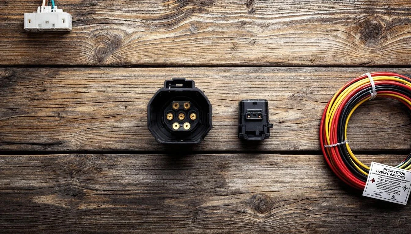 A flat lay photograph on a weathered wooden workbench shows a disassembled Yamaha G-series golf cart electrical connecto