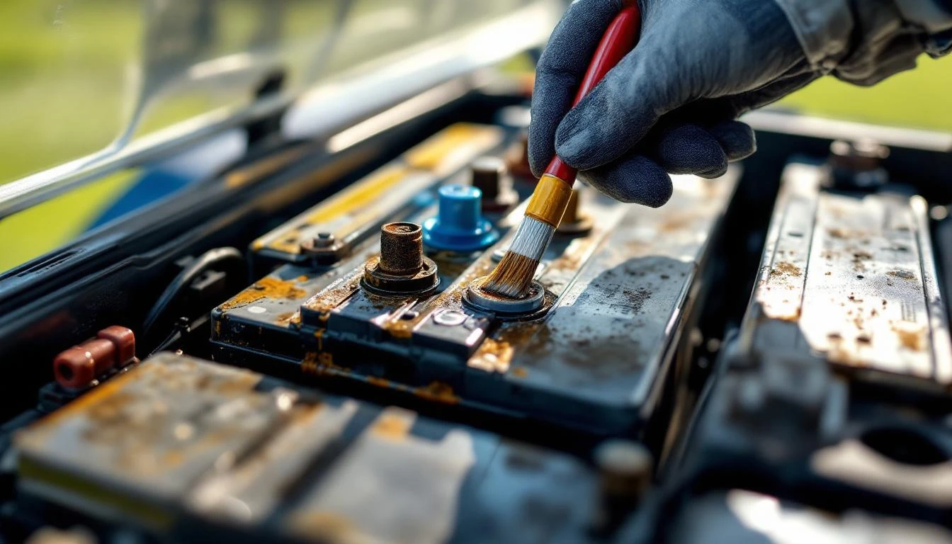 A golf cart battery pack sits exposed under the open hood in bright midday sunlight, with a technician's gloved hand app