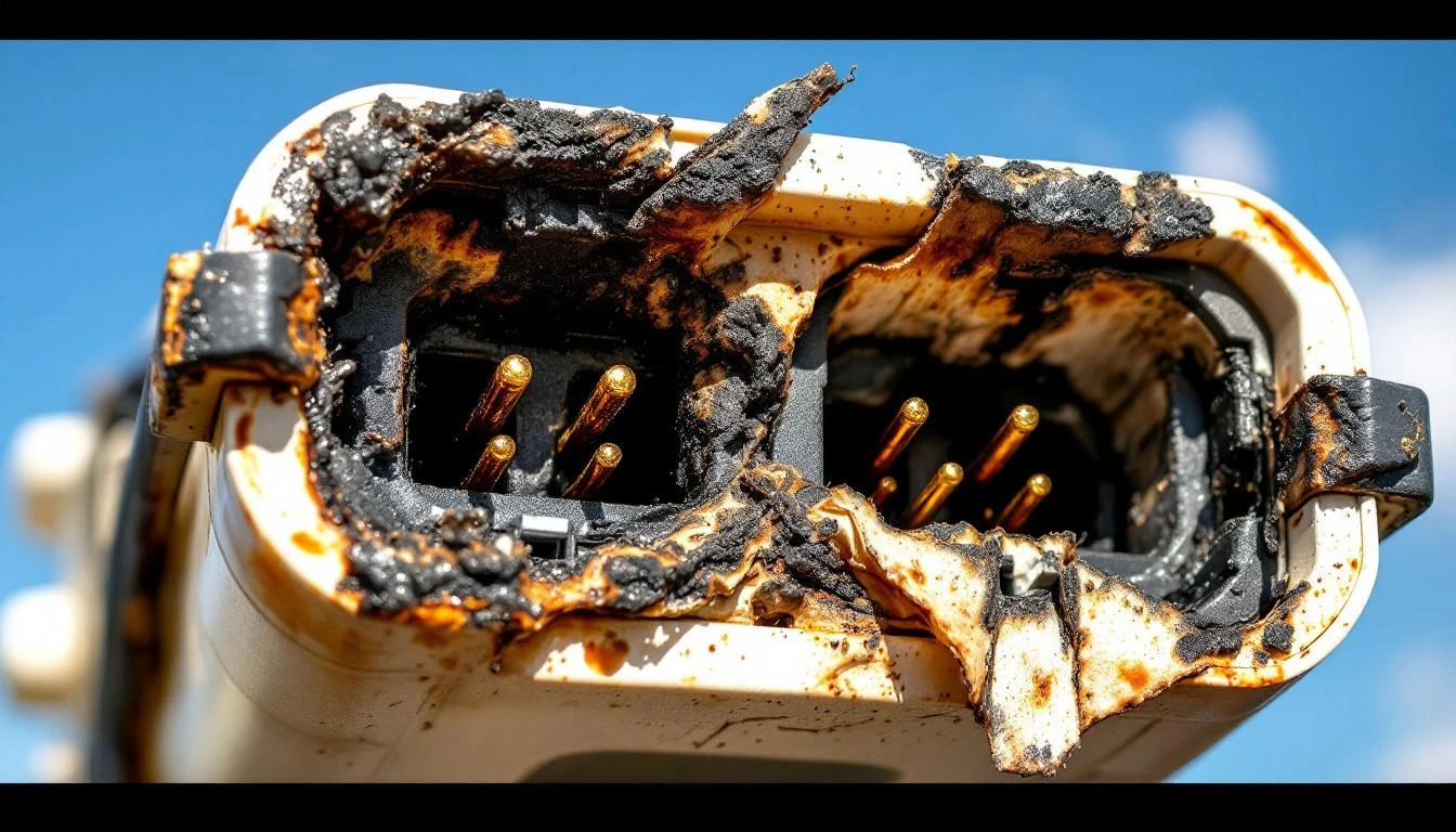 A dramatic low-angle shot captures a golf cart's undercarriage against a bright midday sky, with the onboard charger plu