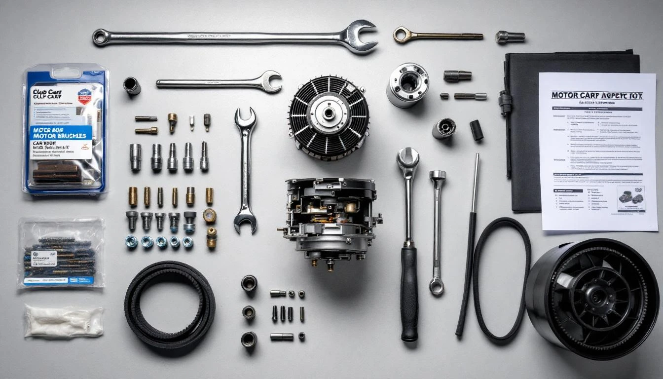 Over-the-shoulder view of a technician's hands gripping a wrench while working on a golf cart's exposed motor assembly, 