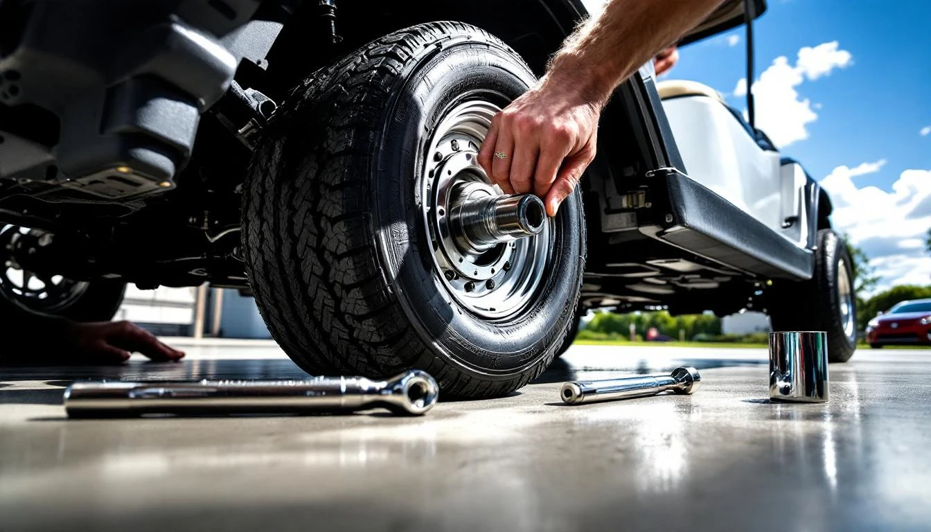 Low-angle shot of a lifted golf cart's undercarriage, photographed from ground level against a bright midday sky. The ex