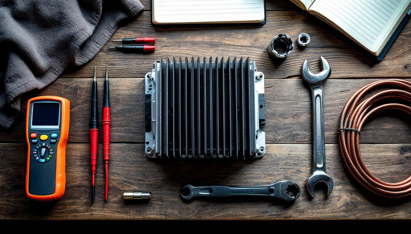 A flat lay composition on a weathered wood workbench showing a disassembled golf cart speed controller with its rectangu