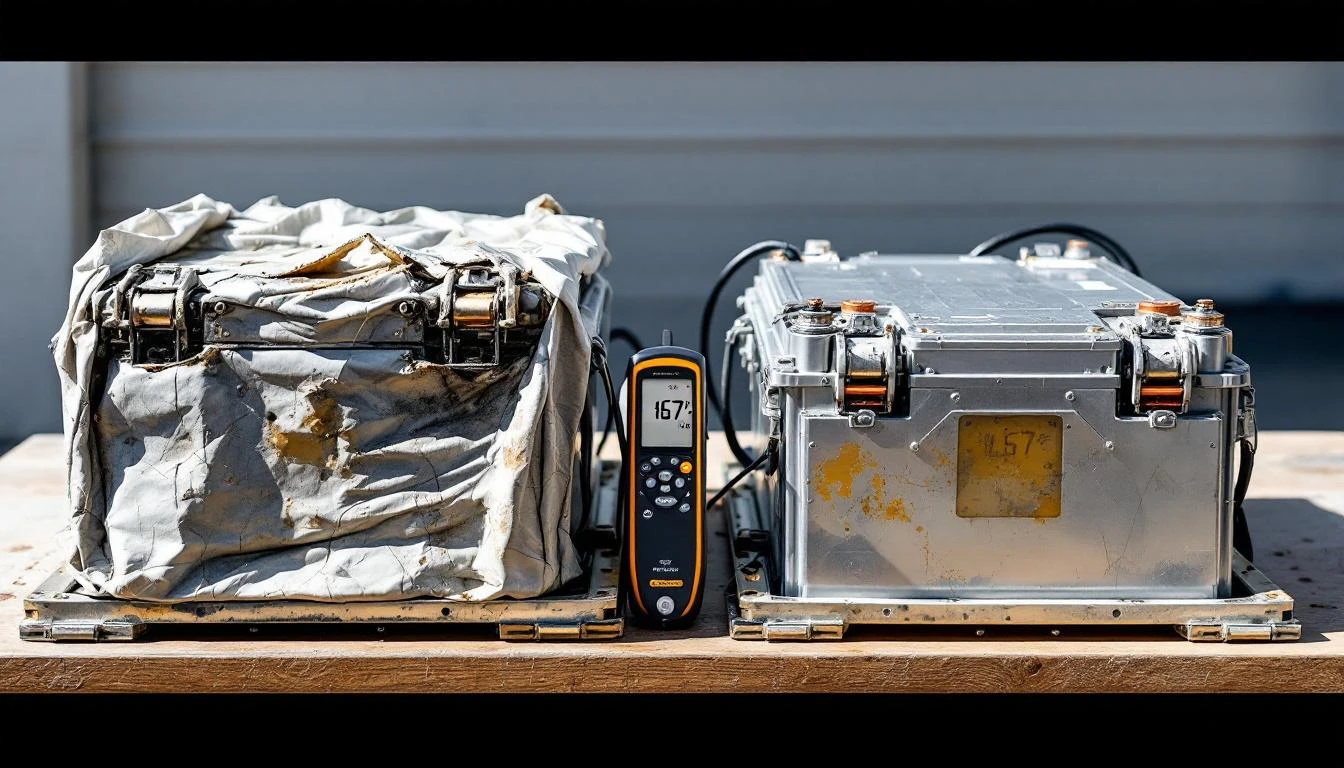 Side-by-side comparison photograph of two golf cart batteries under bright midday light: on the left, a visibly swollen,